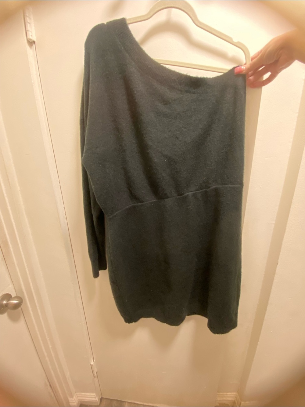 Women’s black fuzzy asymmetrical Sweater Dress - Picture 2 of 6